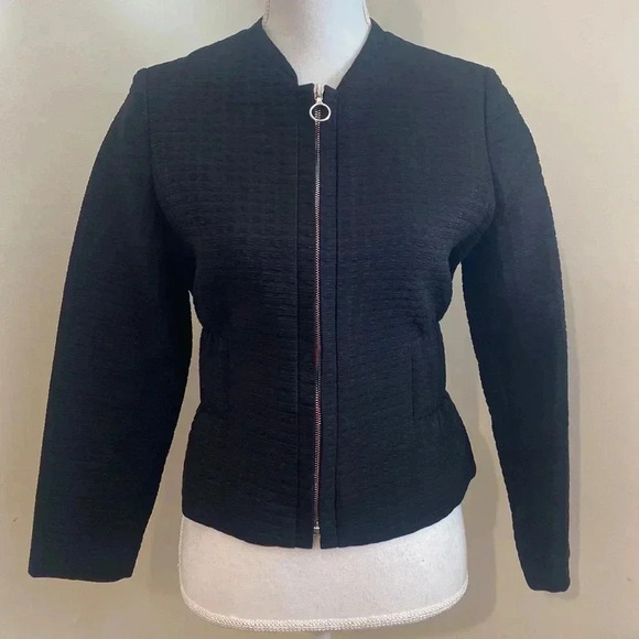 MAJE Vio Black Textured Zip Front Elastic Waist Bomber Jacket size S USA/36 EU - Picture 5 of 11